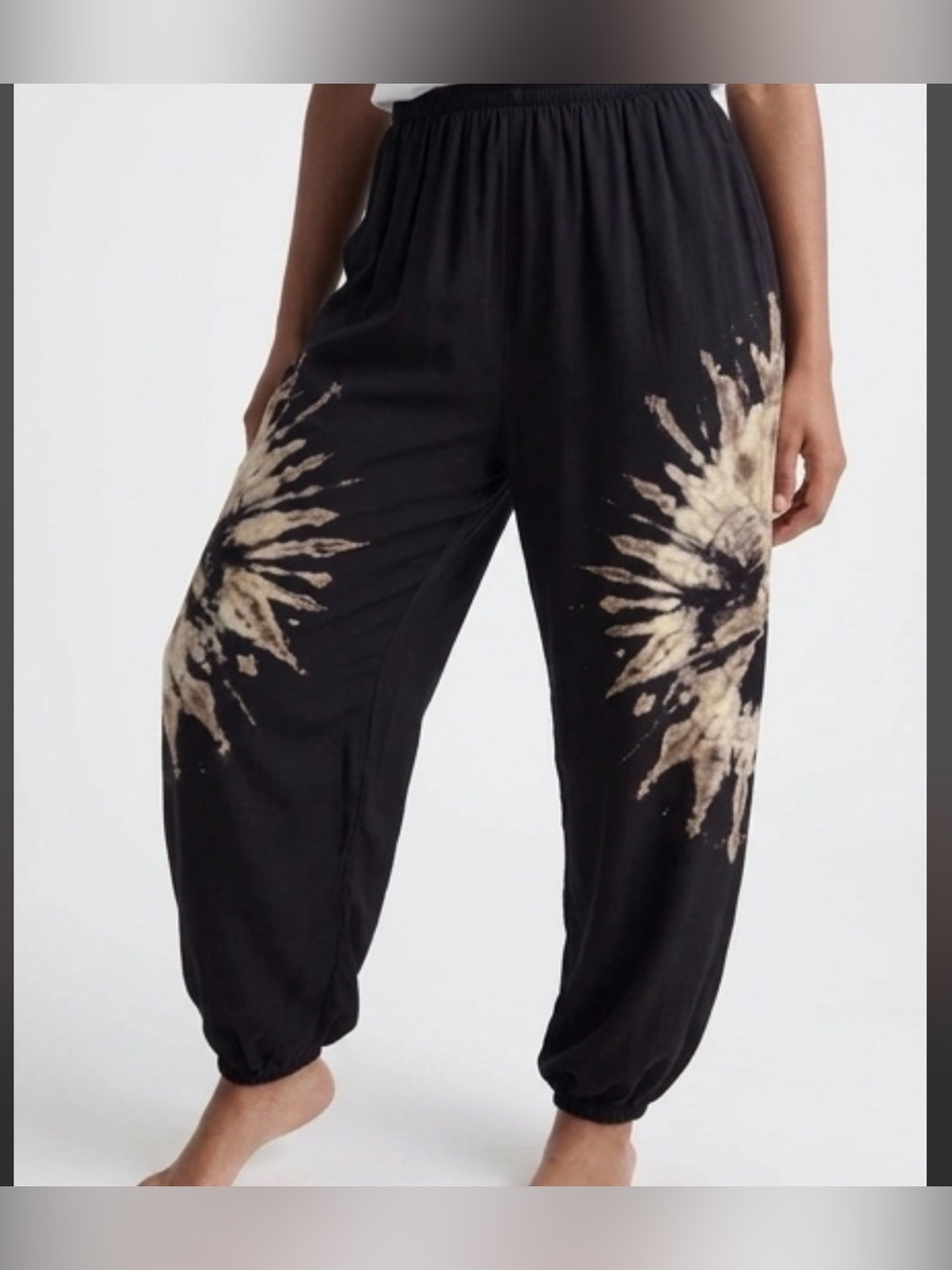 Women’s Black Tie-Dye Harem Pants with Beige Sunburst Baggy Boho Hippie Yoga
